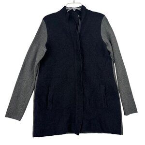 Ann Taylor Wool Sweater Coatigan Size M Black Gray Color Block Stretch Full Zip